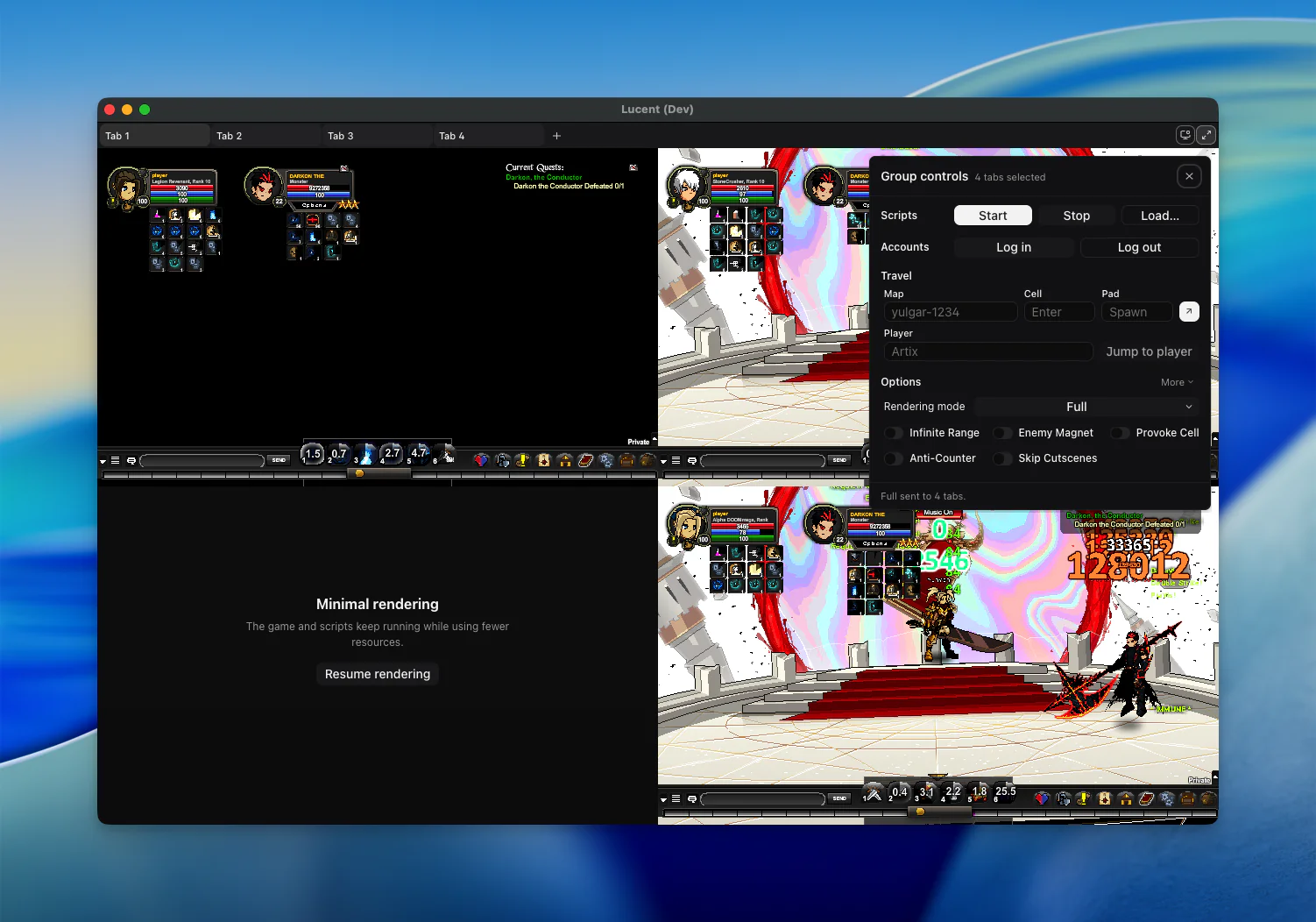 Lucent with tabbed accounts, mixed rendering modes, and group controls open